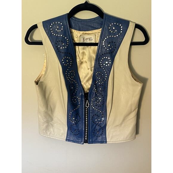 Kippys Leather Blue Cream Swarovski Crystal Western Vest Size medium concert - Picture 1 of 6
